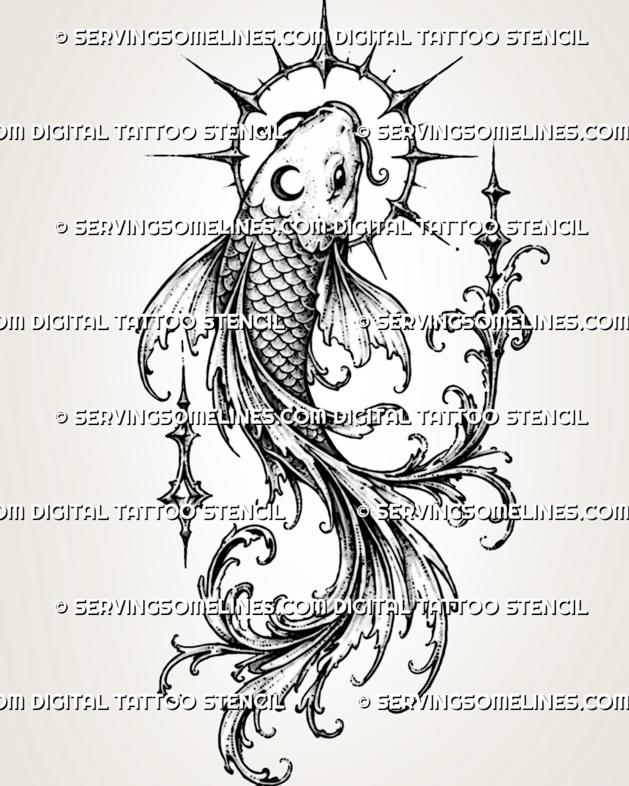 Gothic koi fish tattoo stencil with long ornamental fins, layered scales, a spiked circular halo, crescent detail, pointed stars, and baroque-inspired filigree