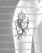 Gothic koi fish tattoo shown on women’s thigh with flowing pointed fins, dark stippling, celestial ornaments, and curling filigree details