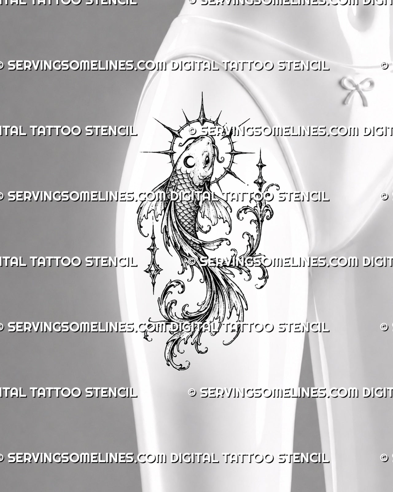 Gothic koi fish tattoo shown on women’s thigh with flowing pointed fins, dark stippling, celestial ornaments, and curling filigree details