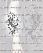 Gothic koi tattoo stencil shown on the forearm with a vertical curved fish, spiked halo, crescent marking, ornamental fins, pointed stars, and baroque-style filigree