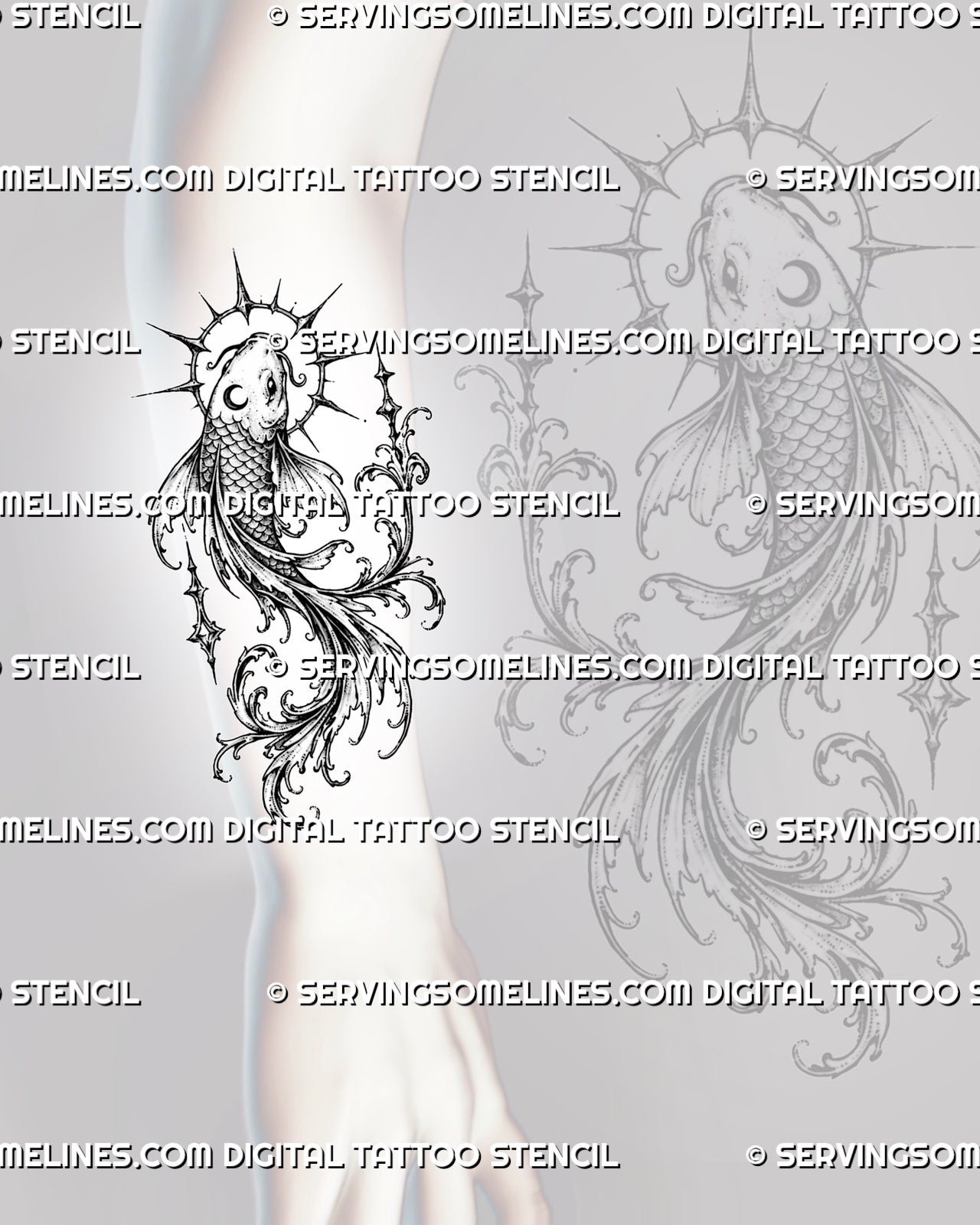 Gothic koi tattoo stencil shown on the forearm with a vertical curved fish, spiked halo, crescent marking, ornamental fins, pointed stars, and baroque-style filigree