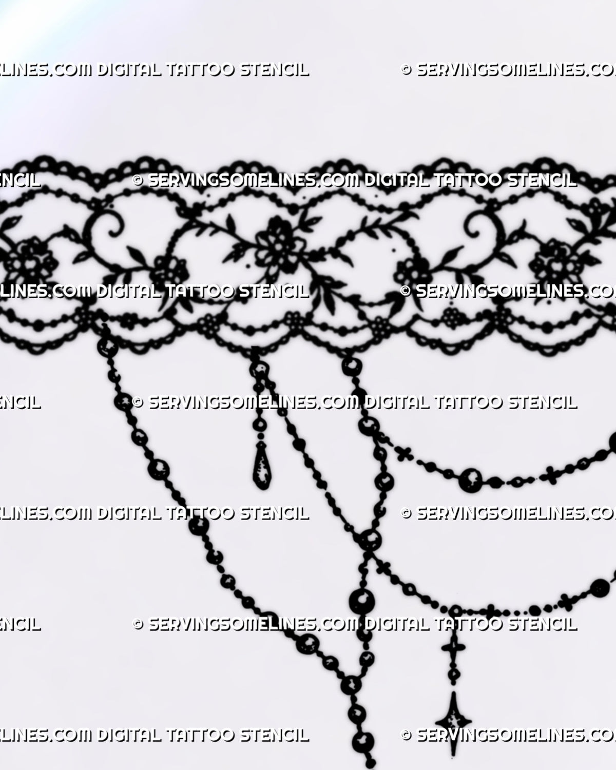 Close-up of gothic lace garter tattoo showing scalloped floral lace, bead-chain drapes, hanging charms, ornamental scrollwork, and pointed cross pendant