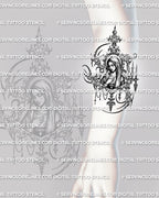 Gothic Mary tattoo stencil shown on forearm placement, with religious portrait, candle details, and ornamental frame.