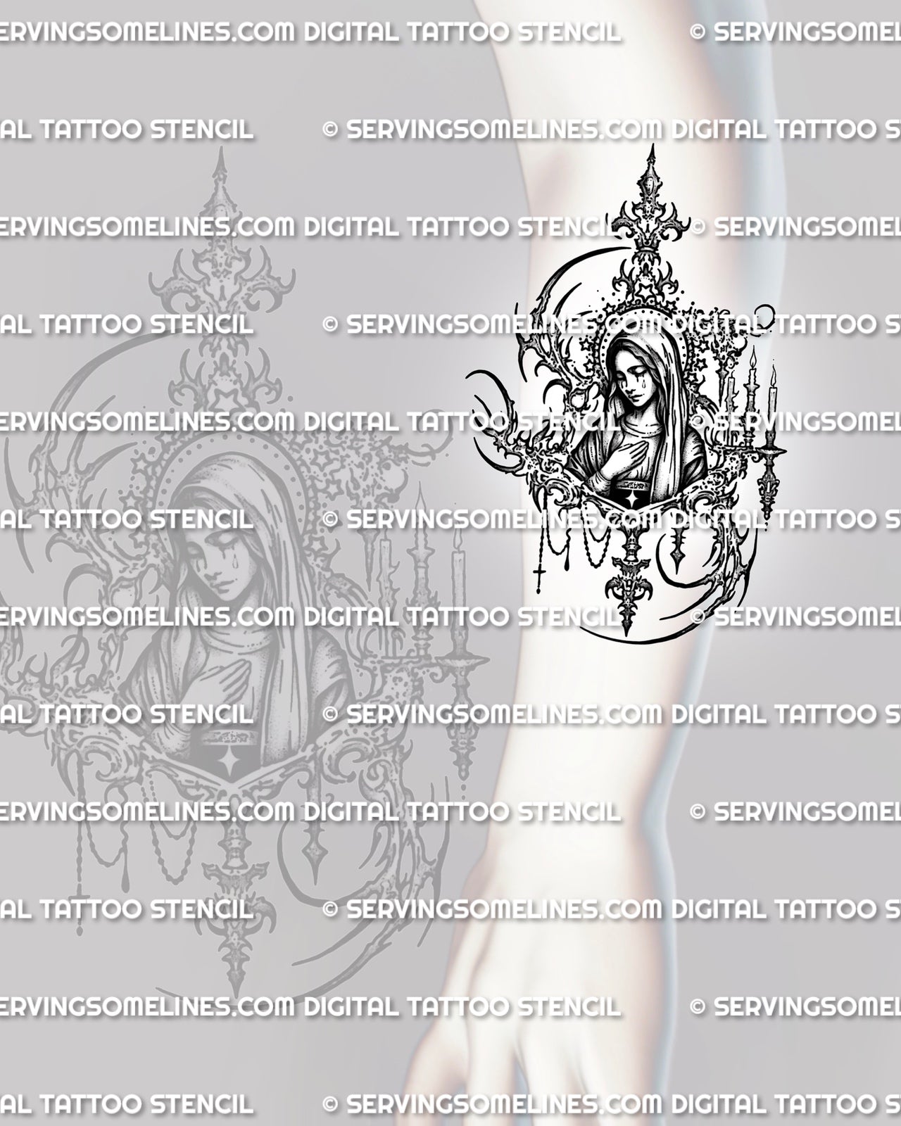 Gothic Mary tattoo stencil shown on forearm placement, with religious portrait, candle details, and ornamental frame.