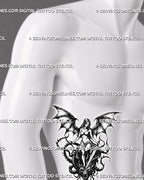 Gothic medieval tattoo stencil shown on men’s ribs with winged warrior, sword, dragon head, and long vertical placement