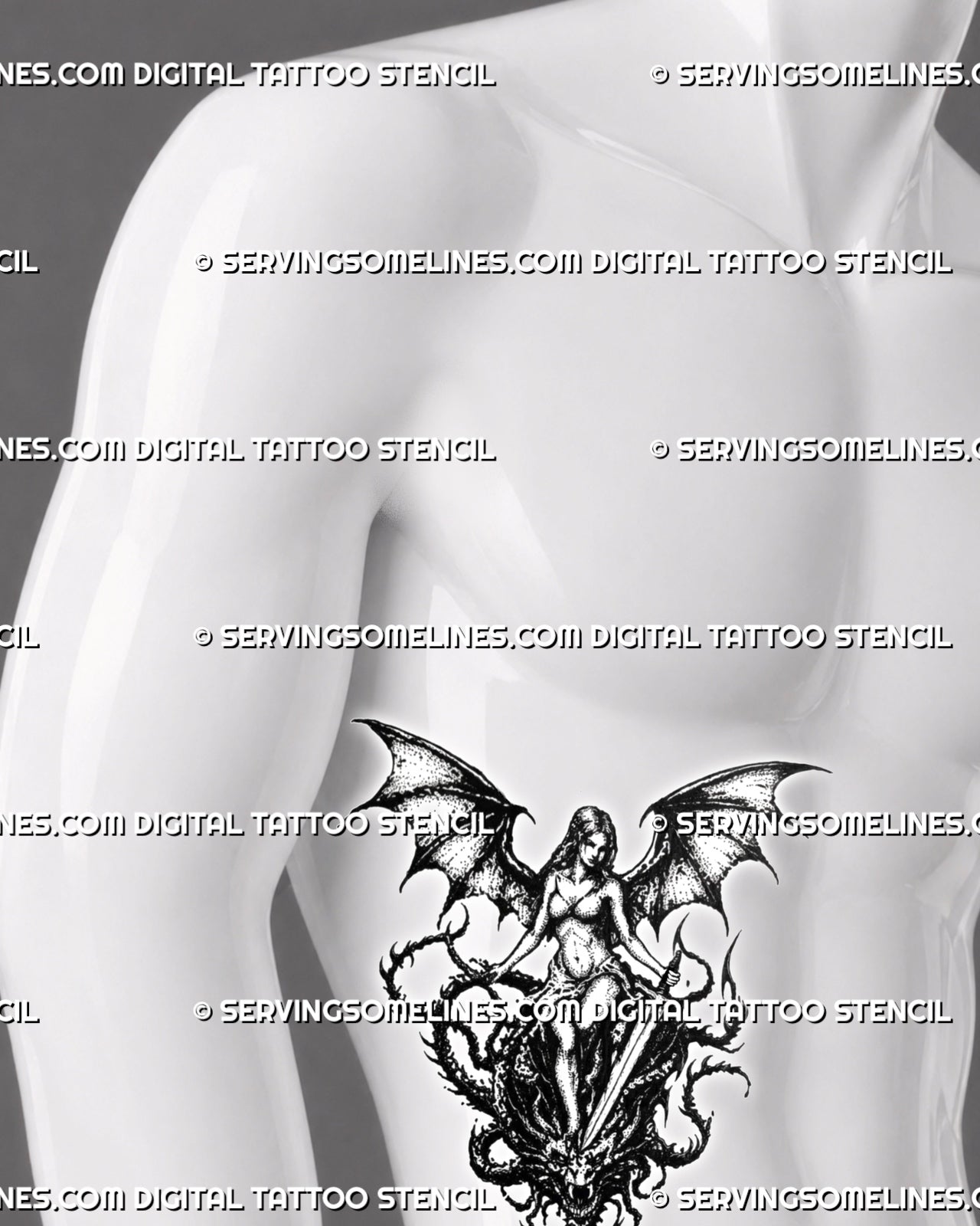 Gothic medieval tattoo stencil shown on men’s ribs with winged warrior, sword, dragon head, and long vertical placement