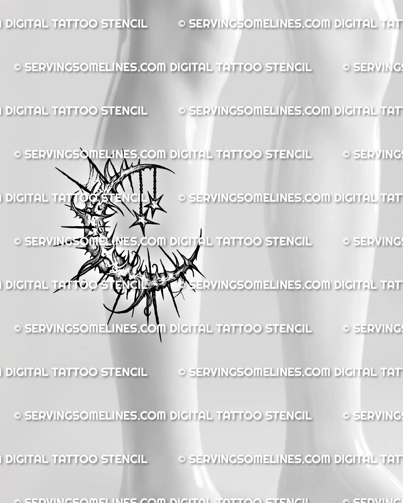 Gothic moon tattoo stencil shown on calf placement with spiked crescent shape, black shading, and hanging stars