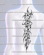 Gothic neotribal floral spine tattoo shown on a woman’s back with open flowers, pointed cybersigilism shapes, blackwork hooks, stars, and ornamental detailing