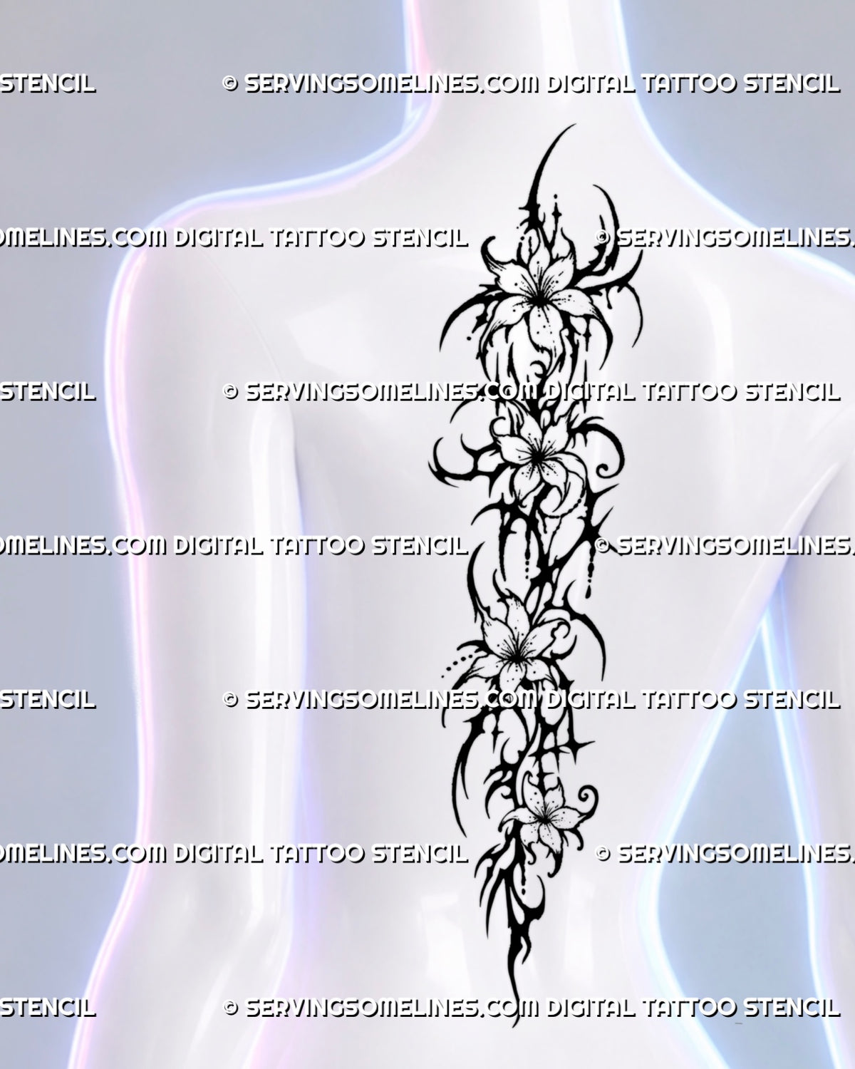 Gothic neotribal floral spine tattoo shown on a woman’s back with open flowers, pointed cybersigilism shapes, blackwork hooks, stars, and ornamental detailing