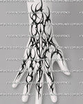 Gothic neotribal full hand tattoo stencil shown on hand placement, with wrist to finger flow and blackwork style contrast 