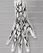 Gothic neotribal full hand tattoo stencil shown on hand placement, with wrist to finger flow and blackwork style contrast 