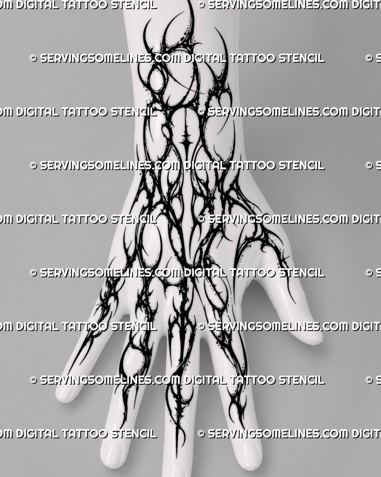 Gothic neotribal full hand tattoo stencil shown on hand placement, with wrist to finger flow and blackwork style contrast 
