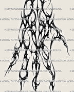 Gothic neotribal hand tattoo stencil with sharp black linework, open negative space, finger extensions, and printable stencil file