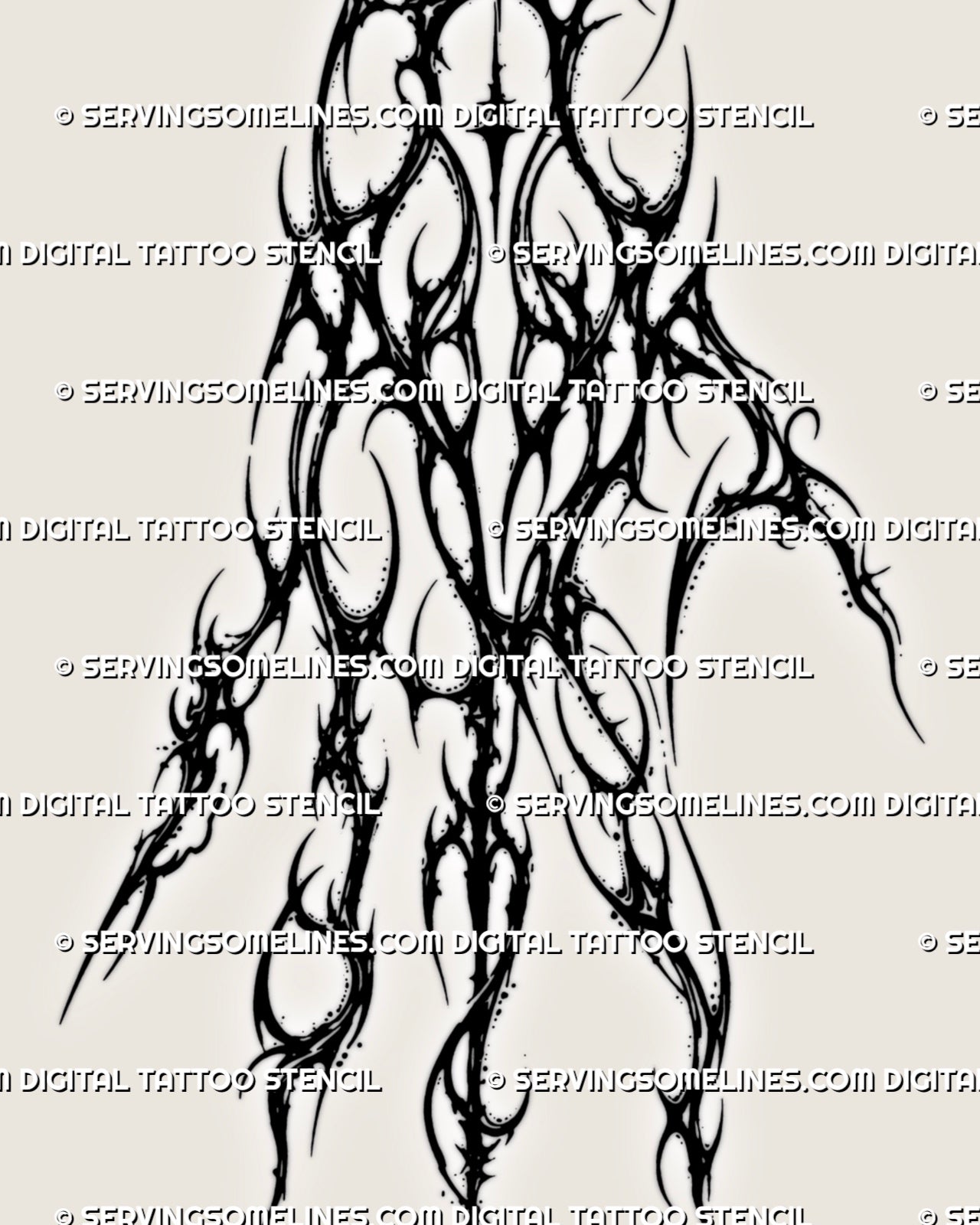 Gothic neotribal hand tattoo stencil with sharp black linework, open negative space, finger extensions, and printable stencil file