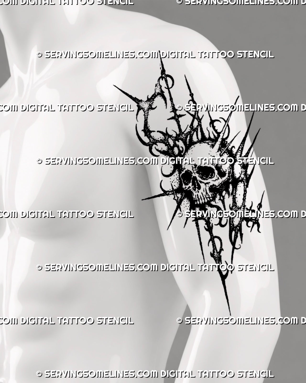 Gothic neotribal skull tattoo shown on a man’s outer upper arm with spiky blackwork extensions, stippled texture, rings, and dark sigilism details