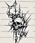 Gothic neotribal skull tattoo stencil with angled anatomical skull, asymmetric spikes, distressed stippling, hooked blackwork forms, and dark sigilism details