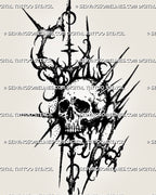 Gothic neotribal skull tattoo stencil with angled anatomical skull, asymmetric spikes, distressed stippling, hooked blackwork forms, and dark sigilism details
