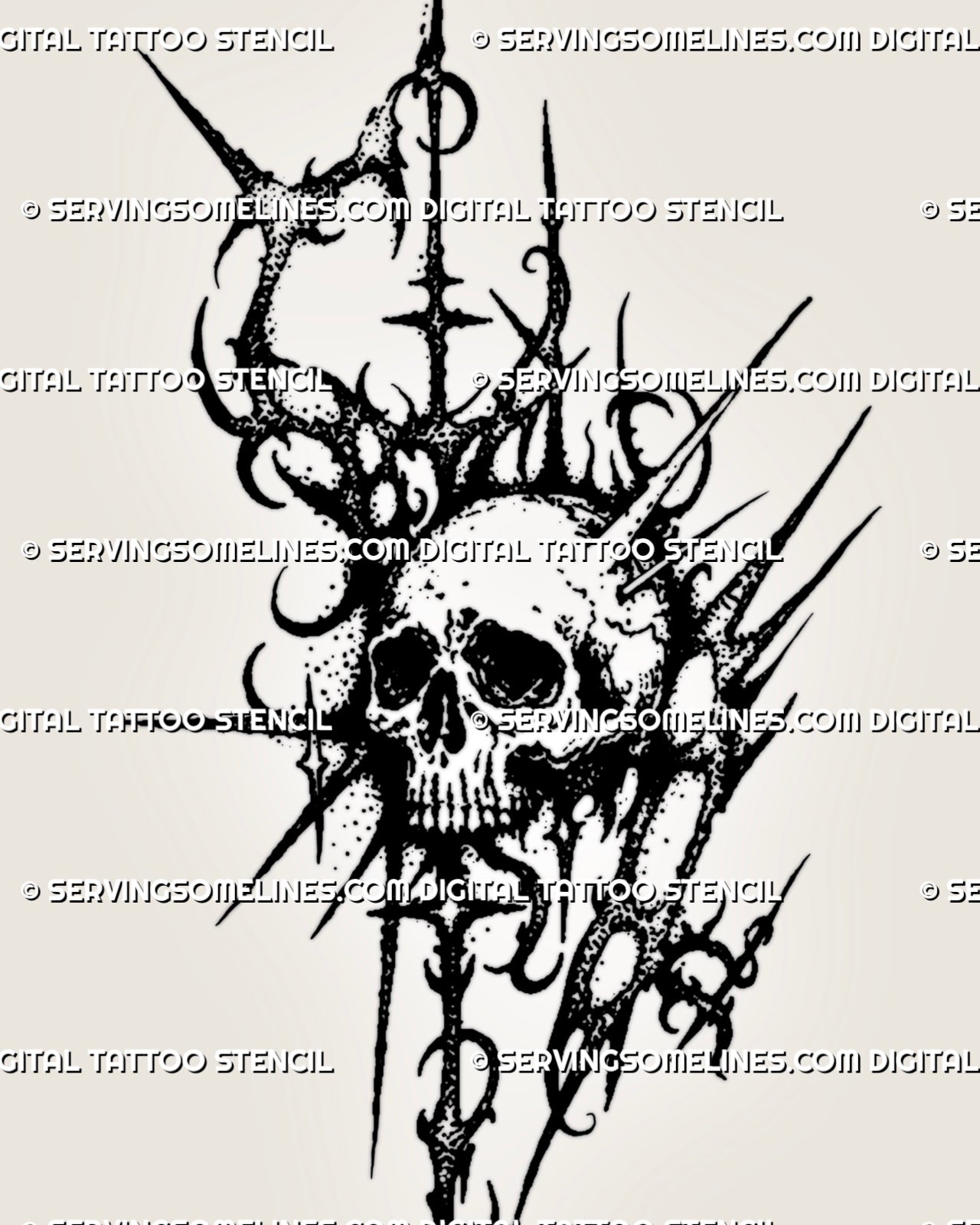 Gothic neotribal skull tattoo stencil with angled anatomical skull, asymmetric spikes, distressed stippling, hooked blackwork forms, and dark sigilism details
