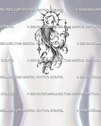 Gothic ornamental koi tattoo shown at the center of the upper back with a spiked circular frame, elongated fins, dark decorative linework, and filigree details