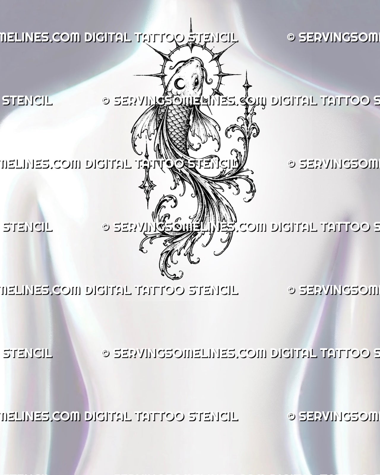 Gothic ornamental koi tattoo shown at the center of the upper back with a spiked circular frame, elongated fins, dark decorative linework, and filigree details