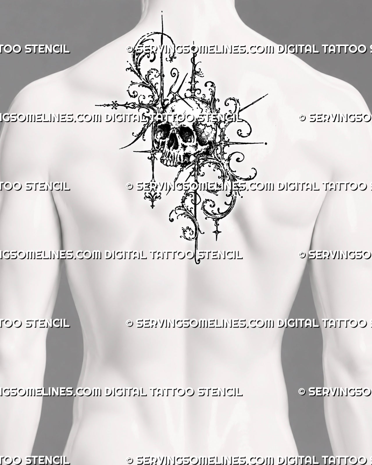 Gothic ornamental skull tattoo shown at the center of a man’s upper back with structured filigree, dark shading, hanging diamonds, and sharp vertical details