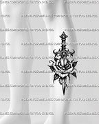 Gothic rose dagger tattoo stencil shown on calf placement, with long vertical blade, layered rose, and dark leaf detail 