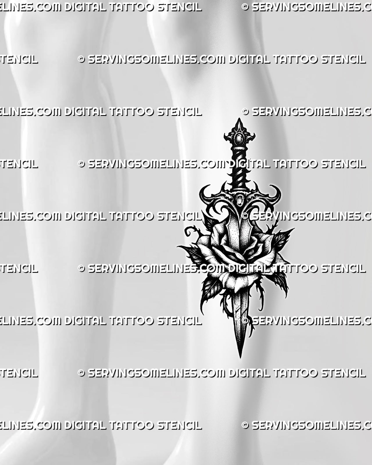Gothic rose dagger tattoo stencil shown on calf placement, with long vertical blade, layered rose, and dark leaf detail 
