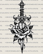 Gothic rose dagger tattoo stencil with dark ornamental blade, layered rose, sharp leaves, black shading, and clean stencil linework