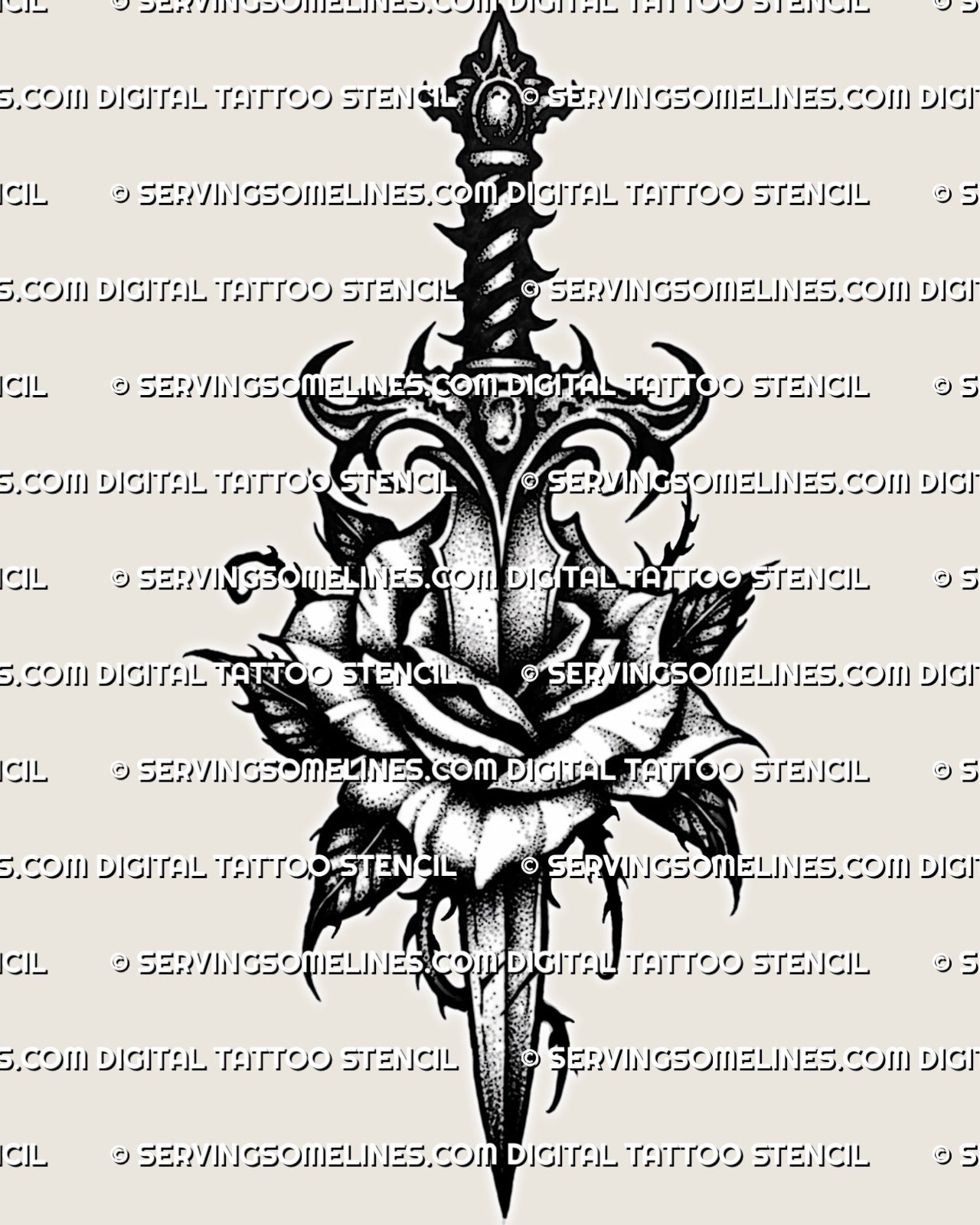 Gothic rose dagger tattoo stencil with dark ornamental blade, layered rose, sharp leaves, black shading, and clean stencil linework
