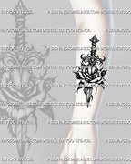 Gothic rose dagger tattoo stencil shown on forearm placement, with vertical blade, dark rose detail, and sharp gothic leaves