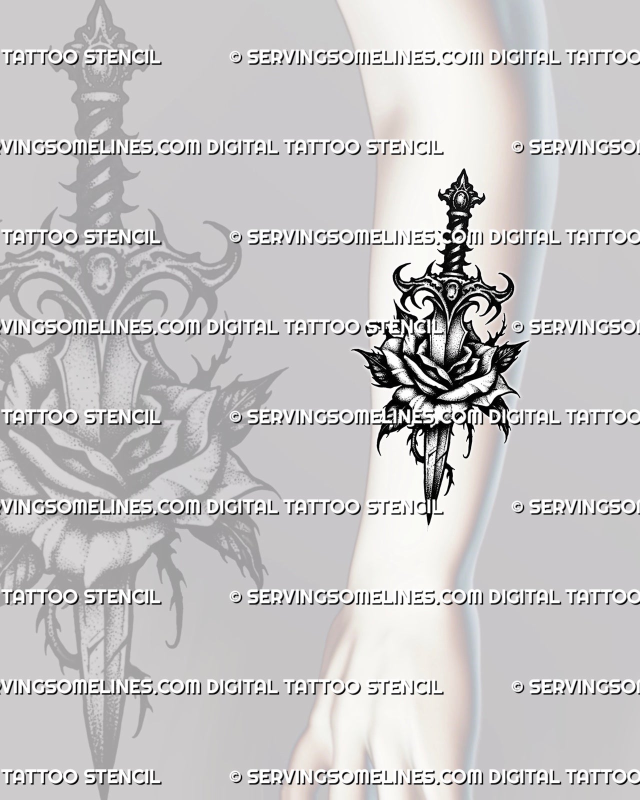 Gothic rose dagger tattoo stencil shown on forearm placement, with vertical blade, dark rose detail, and sharp gothic leaves