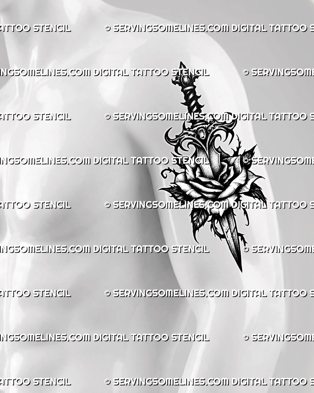 Gothic rose dagger tattoo stencil displayed on men’s biceps placement, with dark floral center and vertical dagger shape 