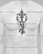 Gothic scorpion key tattoo shown on men's center chest, with raised claws, ornate key top, and blackwork stencil contrast