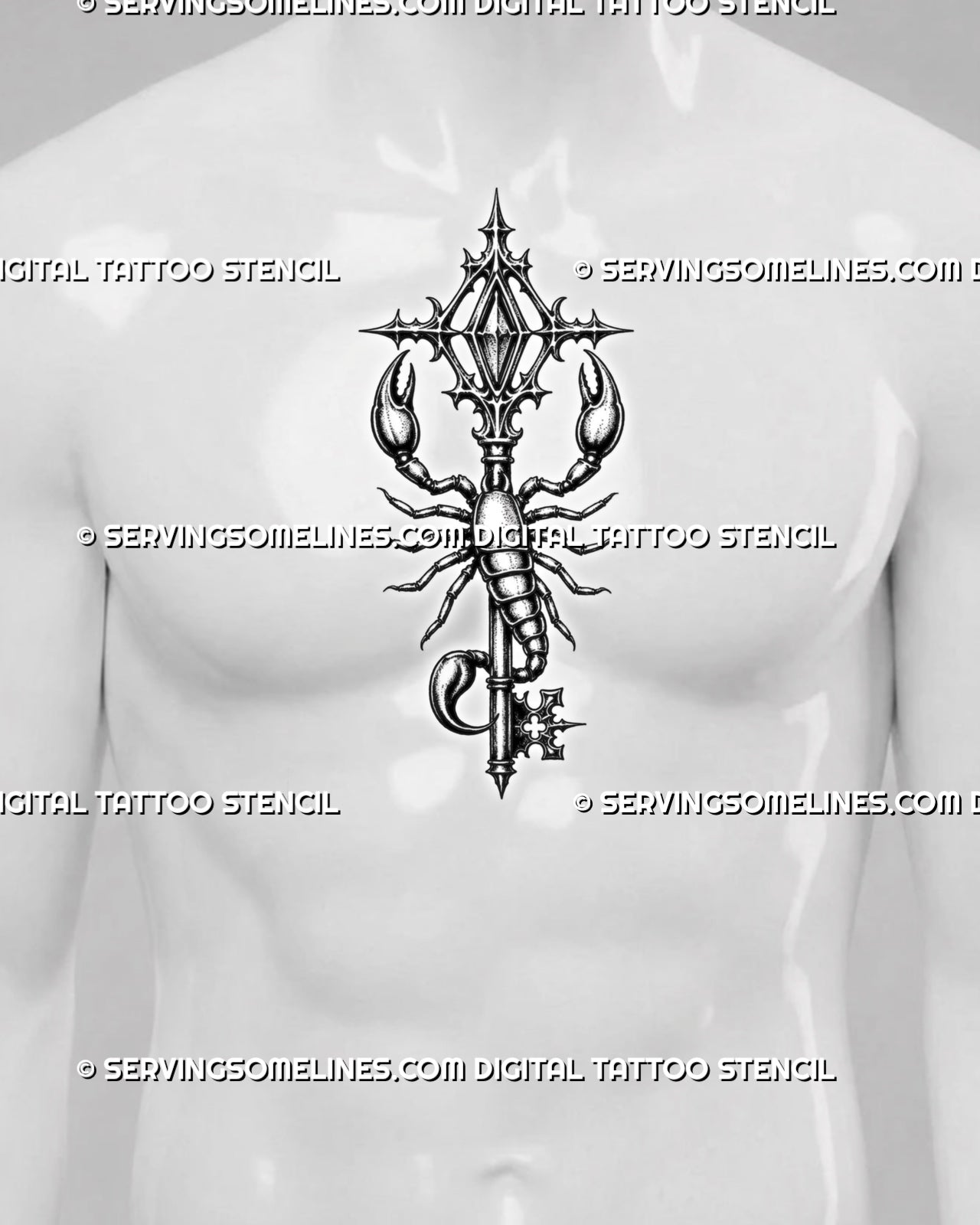 Gothic scorpion key tattoo shown on men's center chest, with raised claws, ornate key top, and blackwork stencil contrast
