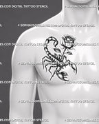 Gothic scorpion rose tattoo shown on men's side chest placement, with dark floral shading, rose stem, and sharp claw detail