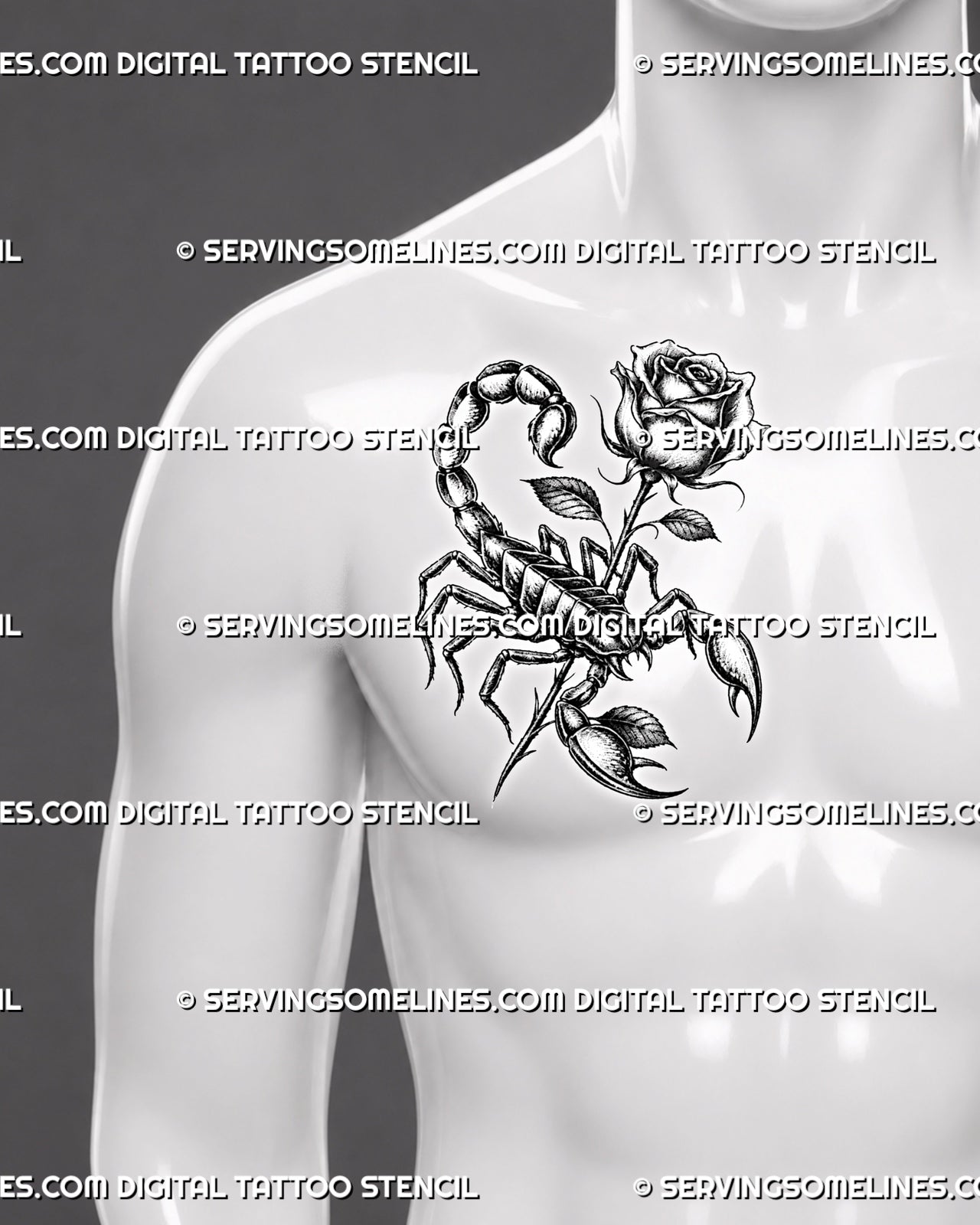 Gothic scorpion rose tattoo shown on men's side chest placement, with dark floral shading, rose stem, and sharp claw detail