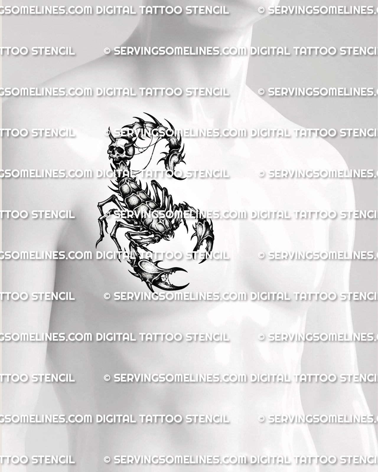 Gothic scorpion tattoo shown on mens pec placement, with skull tail detail, wide claws, and dark scorpion shape.