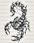 Gothic scorpion tattoo stencil with skull tail detail, sharp claws, segmented body armor, and dark shaded linework.