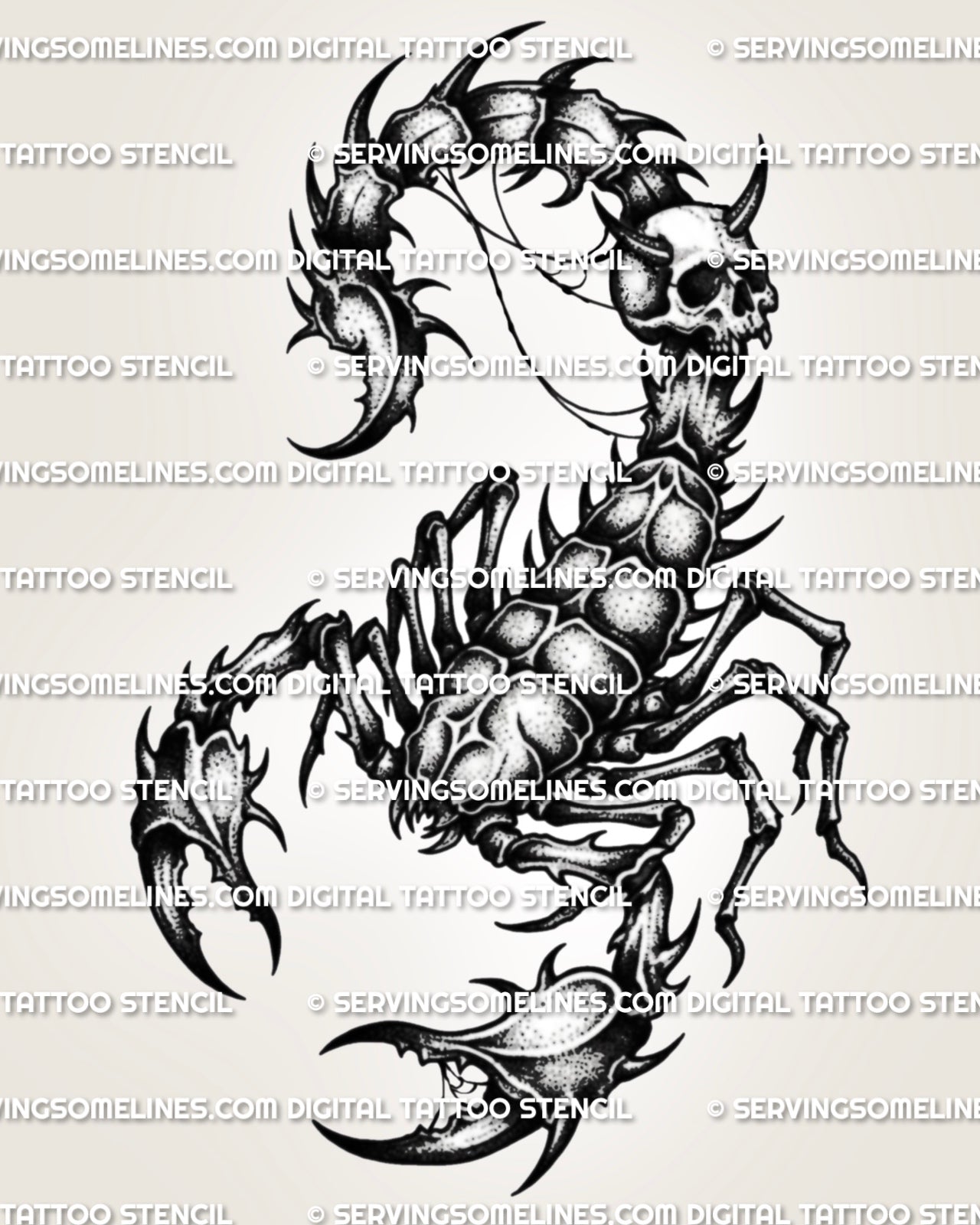Gothic scorpion tattoo stencil with skull tail detail, sharp claws, segmented body armor, and dark shaded linework.