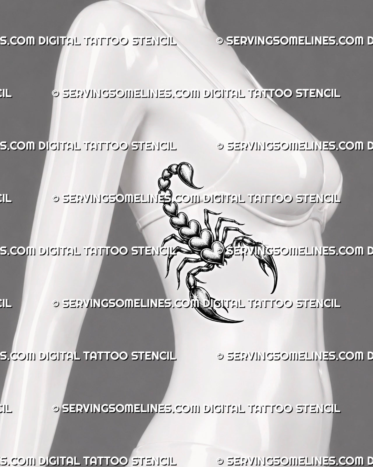 Gothic scorpion tattoo displayed on women’s ribs, using a vertical heart body shape with fine legs and dotted shading