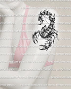 Gothic scorpion tattoo stencil shown on womens upper arm placement, with skull tail detail and readable dark scorpion body.