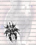Gothic seraphim angel tattoo shown on womens hip placement, with dark wings, central eye, and sword-led vertical shape. 