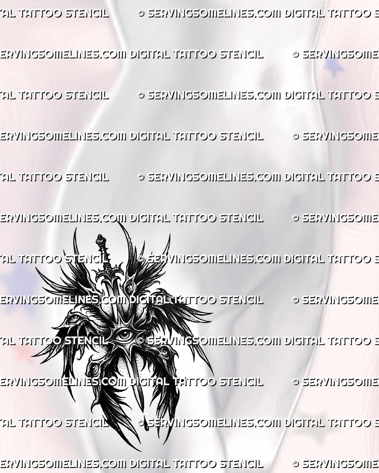 Gothic seraphim angel tattoo shown on womens hip placement, with dark wings, central eye, and sword-led vertical shape. 