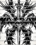 Gothic seraphim tattoo stencil with dark wings, wing-eye details, vertical sword, and bold blackwork angel structure. 