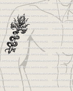 Gothic serpent key tattoo shown on biceps placement example, snake key emblem with textured scales and pointed base.