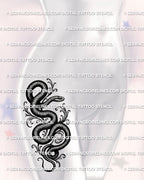 Ornamental snake tattoo shown on women’s hip placement with dark curved body, scale texture, and scroll accents.