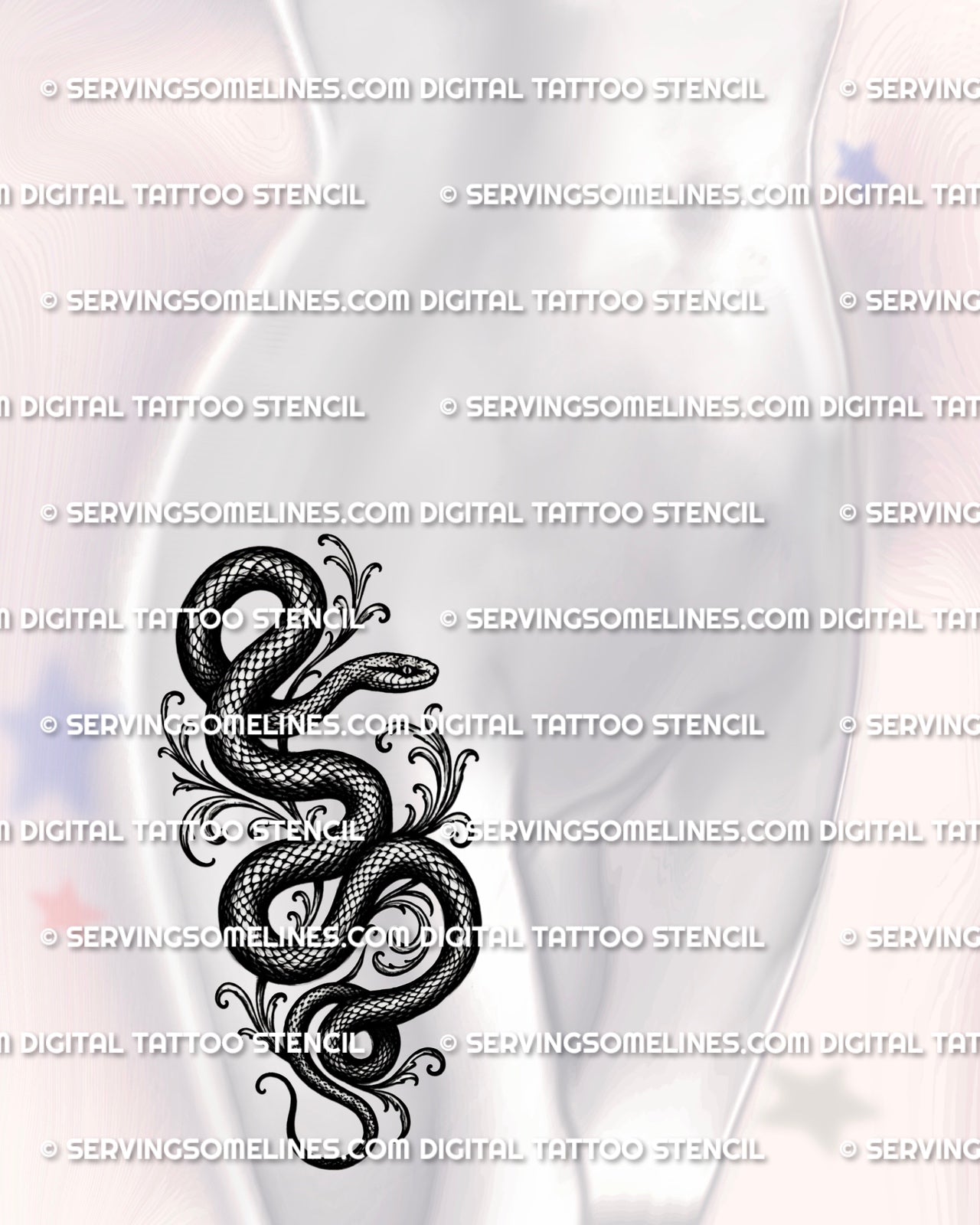 Ornamental snake tattoo shown on women’s hip placement with dark curved body, scale texture, and scroll accents.