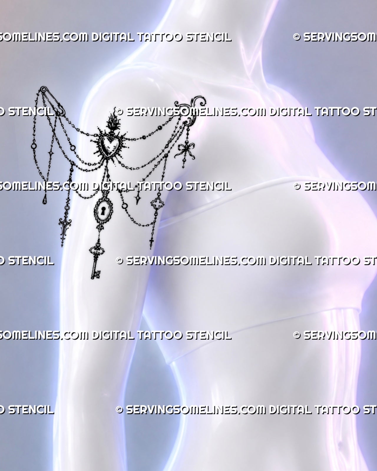 Gothic shoulder chain tattoo shown from an angled female view with layered jewelry strands, flaming heart centerpiece, bow, key, and filigree charm details