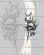 Gothic sigilism skull tattoo shown on the forearm with sharp asymmetric spikes, stippled shading, hooked organic forms, and distressed blackwork details