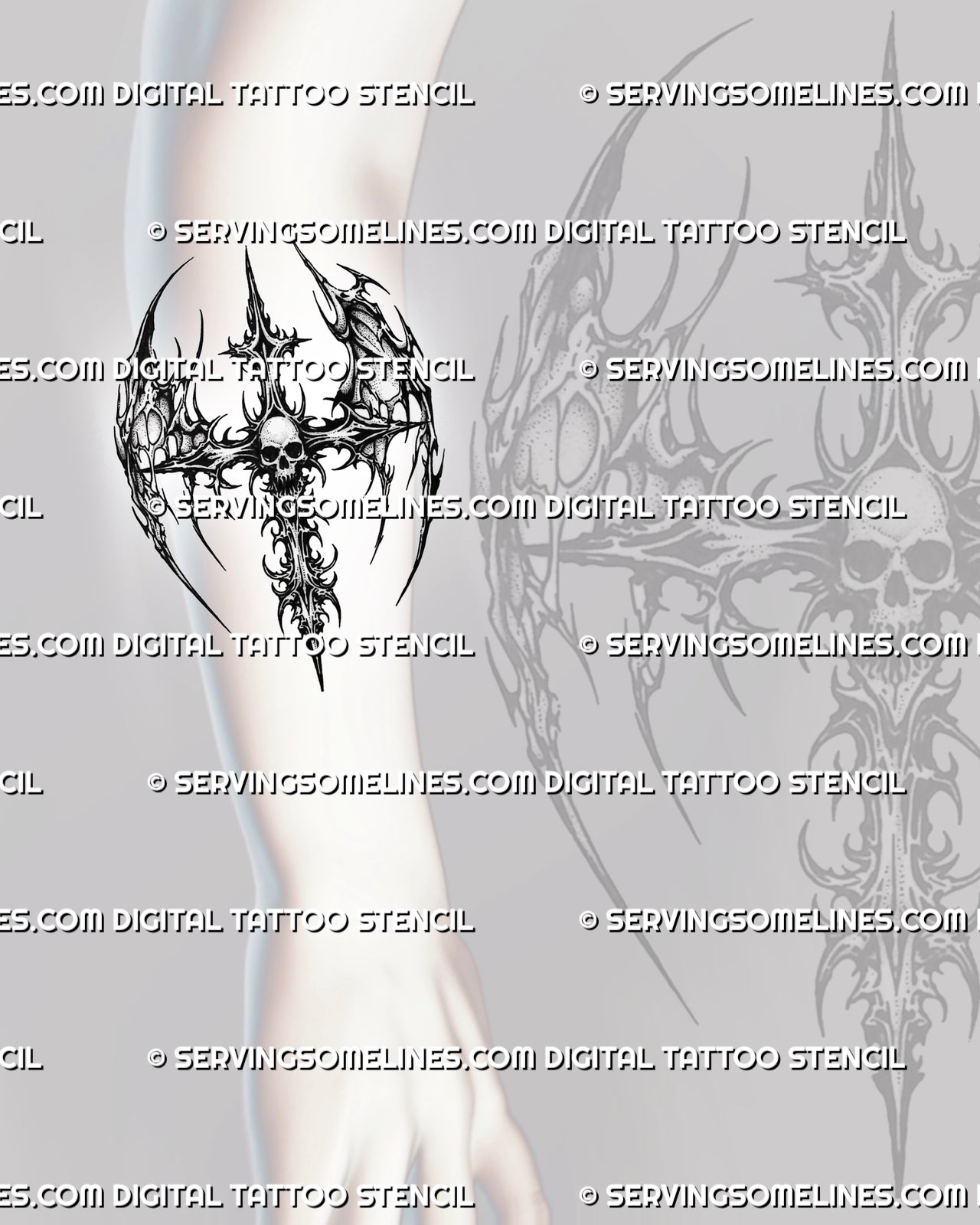 Gothic skull cross tattoo stencil shown on forearm placement, with winged skull center and sharp tribal cross linework